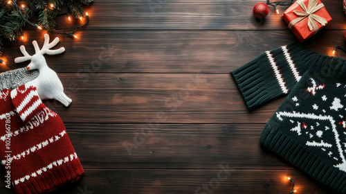 A playful flat lay of holiday-themed knit patterns from ugly Christmas sweaters, featuring reindeer, stockings, and festive lights, spread across a rustic wooden table for a humoro photo