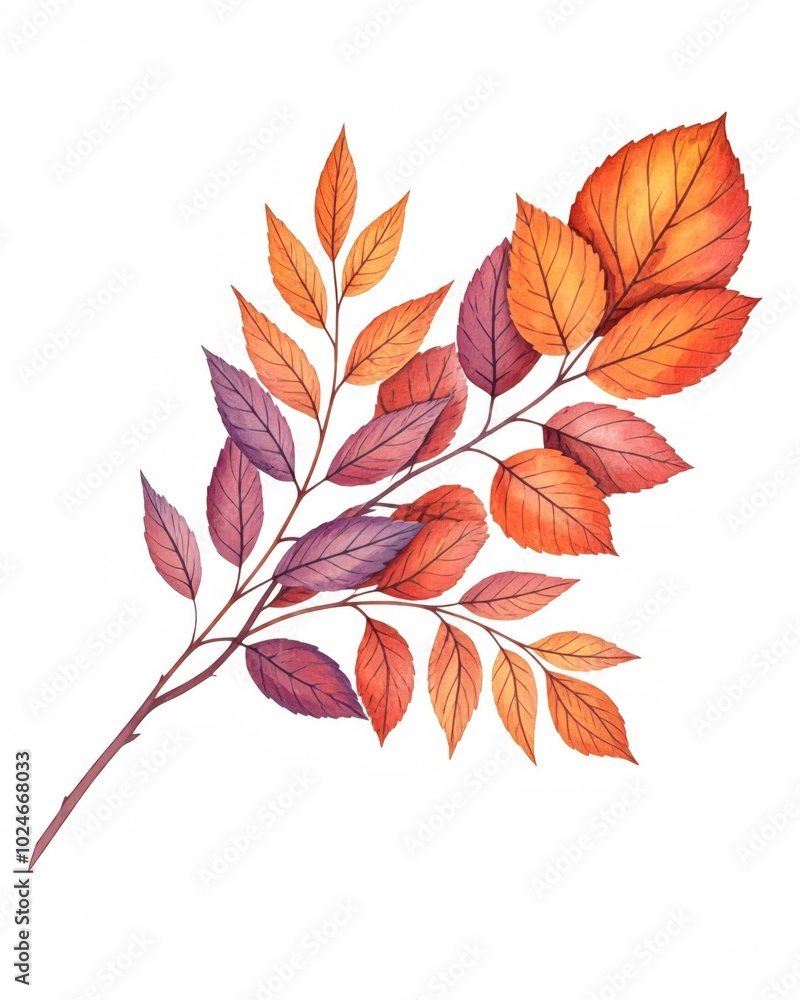 Ein Zweig mit mehreren rot, orange und violett gefärbten Blättern auf einem weißen Hintergrund, Platz für Text, Generative KI Ein Zweig mit mehreren rot, orange und violett gefärbten Blättern auf einem weißen Hintergrund, Platz für Text, Generative KI