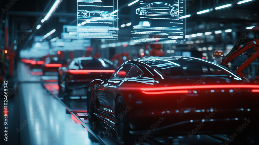 A futuristic automotive production line with robotic arms assembling electric vehicles, while holographic displays hover above the line, showing real-time updates and technical blu A futuristic automotive production line with robotic arms assembling electric vehicles, while holographic displays hover above the line, showing real-time updates and technical blu
