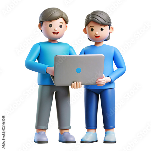 two PEOPLE holding a big laptop together 3d cartoon style illustration