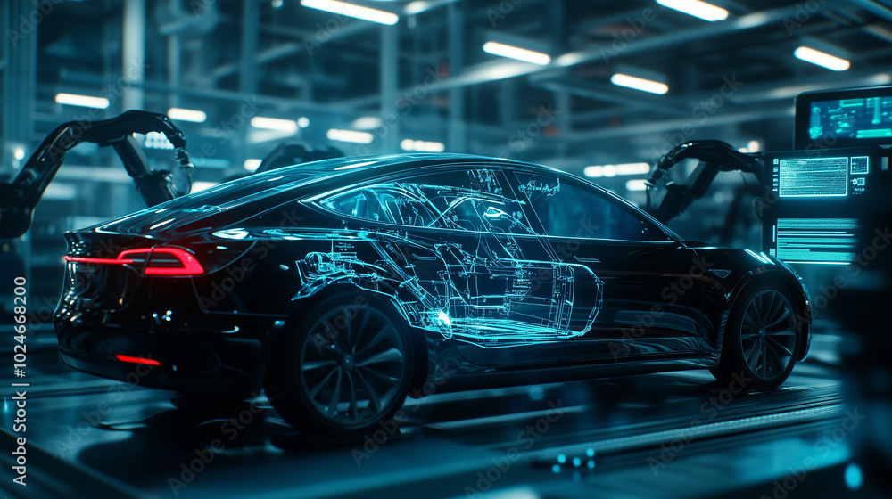 High-tech robotic arms assembling the sleek body of an electric car, with holographic displays projecting 3D models and real-time metrics in a futuristic automotive production faci High-tech robotic arms assembling the sleek body of an electric car, with holographic displays projecting 3D models and real-time metrics in a futuristic automotive production faci