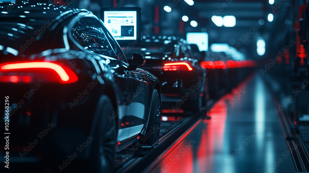 A line of robotic arms building electric vehicles with precision, while floating holographic interfaces monitor the assembly process, ensuring optimal performance in a futuristic f A line of robotic arms building electric vehicles with precision, while floating holographic interfaces monitor the assembly process, ensuring optimal performance in a futuristic f