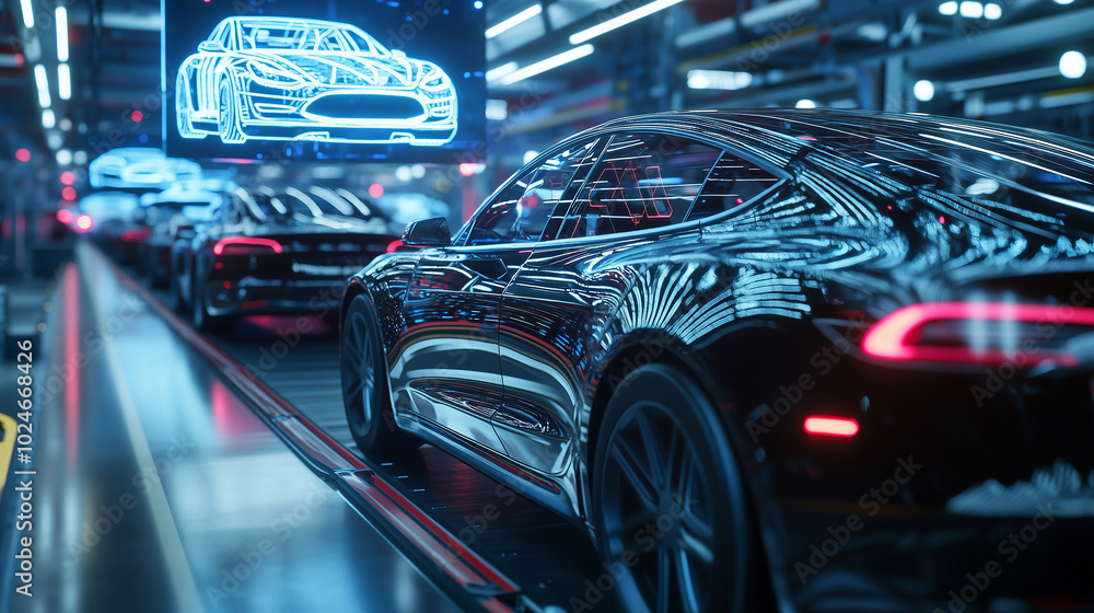 Robotic arms at work assembling electric vehicles on a high-tech production line, while 3D holographic models of cars hover above, displaying live data in a futuristic factory. Robotic arms at work assembling electric vehicles on a high-tech production line, while 3D holographic models of cars hover above, displaying live data in a futuristic factory.