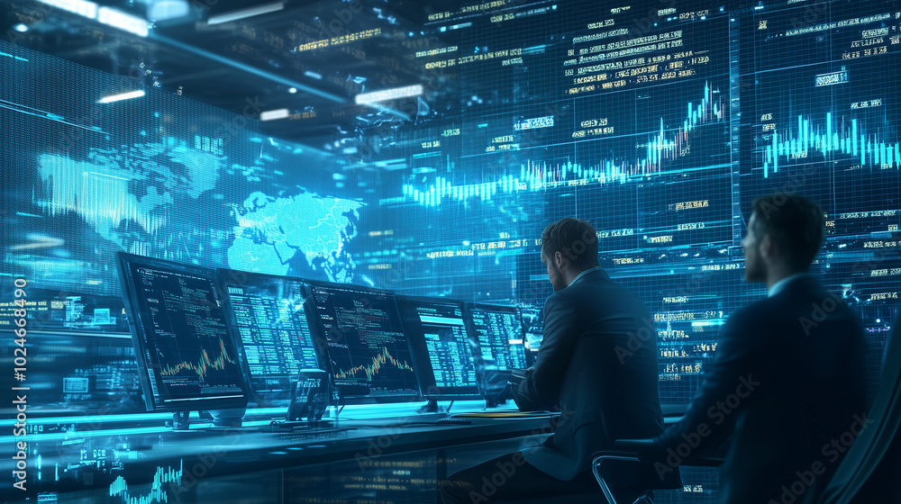 Forex traders adeptly managing currency risk in a highly volatile exchange market, visualized through advanced digital interfaces that illustrate real-time data and analytics, showcasing strategies fo Forex traders adeptly managing currency risk in a highly volatile exchange market, visualized through advanced digital interfaces that illustrate real-time data and analytics, showcasing strategies fo
