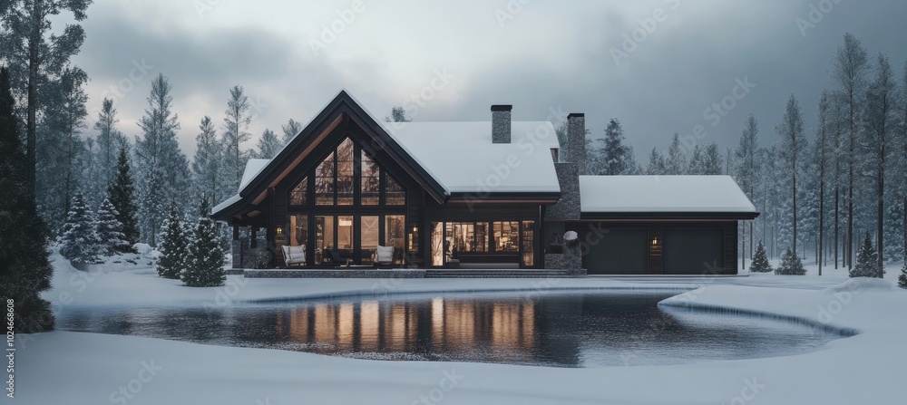 Modern A-Frame Cabin with Glowing Windows Reflected in Icy Pond on a Snowy Evening in Winter Modern A-Frame Cabin with Glowing Windows Reflected in Icy Pond on a Snowy Evening in Winter