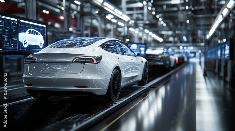 Fototapeta premium A futuristic automotive production line with robotic arms working seamlessly to assemble electric cars, guided by holographic displays showing real-time diagnostics and engineering