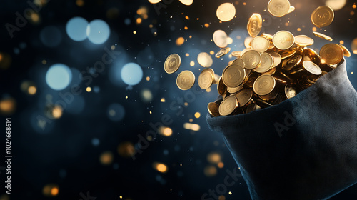 A vibrant rendering of a money bag bursting open, raining shimmering gold coins in all directions, set against a deep, dark background, symbolizing financial growth and digital wea photo