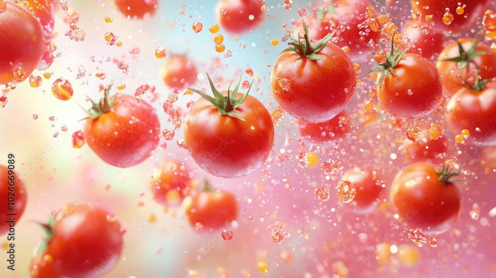 Red tomatoes flying through the air against an abstract background with splashes of bright pink and yellow colors, in a photorealistic Red tomatoes flying through the air against an abstract background with splashes of bright pink and yellow colors, in a photorealistic