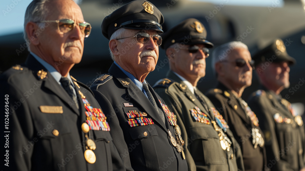 A group of veterans of various military branches standing together in front of a military aircraft, proudly wearing their uniforms and medals, united in honor on Veterans Day. A group of veterans of various military branches standing together in front of a military aircraft, proudly wearing their uniforms and medals, united in honor on Veterans Day.