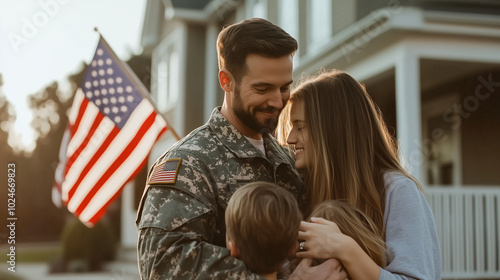 A veteran serviceman in uniform embracing his family on the front porch of their home, with an American flag waving proudly nearby, capturing the warmth of homecoming.