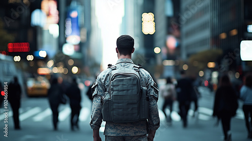 A veteran serviceman walking through a bustling city street, in civilian clothes but with a proud posture, surrounded by everyday life, symbolizing his transition back into society
