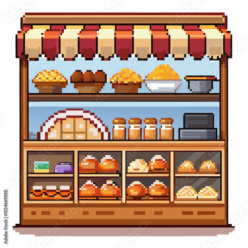 Pixel Art Bakery Stall Vintage Dessert Display with Pastries and Jars