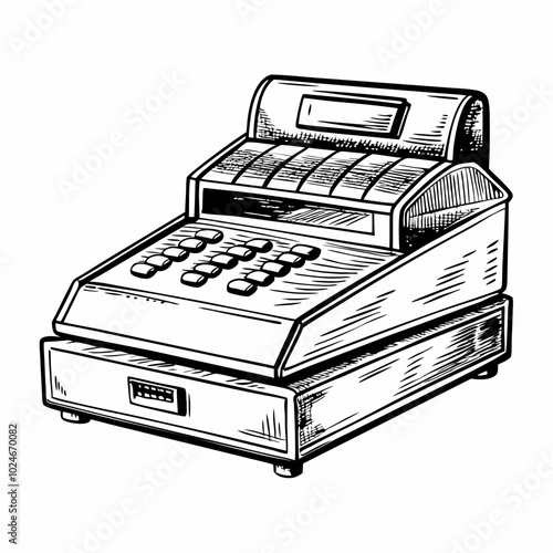 Retro Cash Register Illustration Vintage Black and White Hand Drawn Vector Art