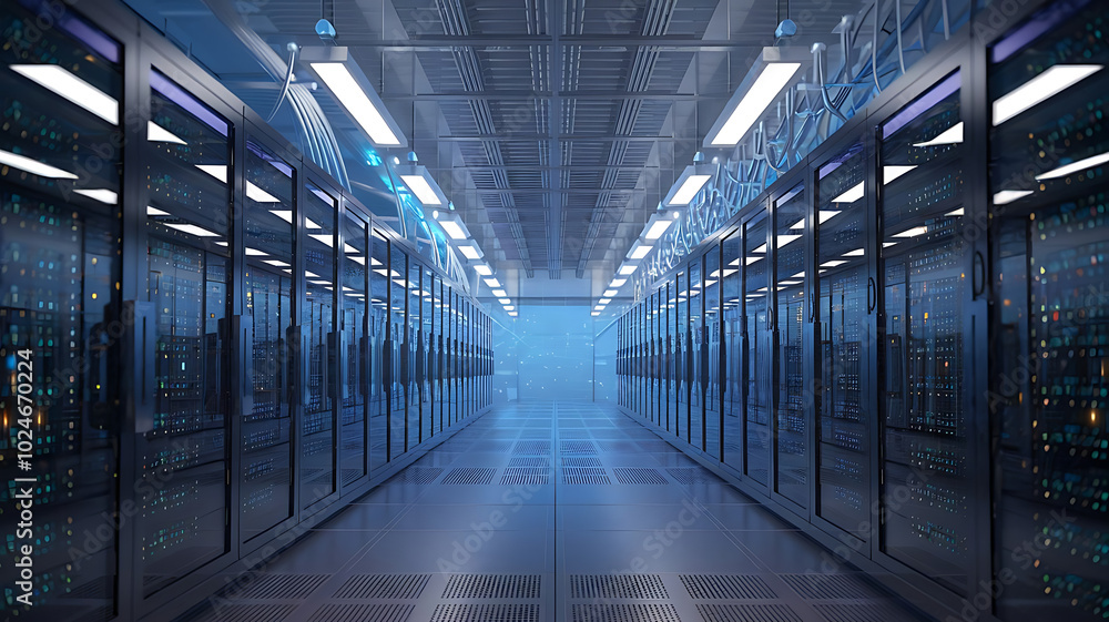 a high-tech data warehouse, featuring rows of modern servers with blinking lights in a vast, secure facility. Big data, data center, Server room a high-tech data warehouse, featuring rows of modern servers with blinking lights in a vast, secure facility. Big data, data center, Server room