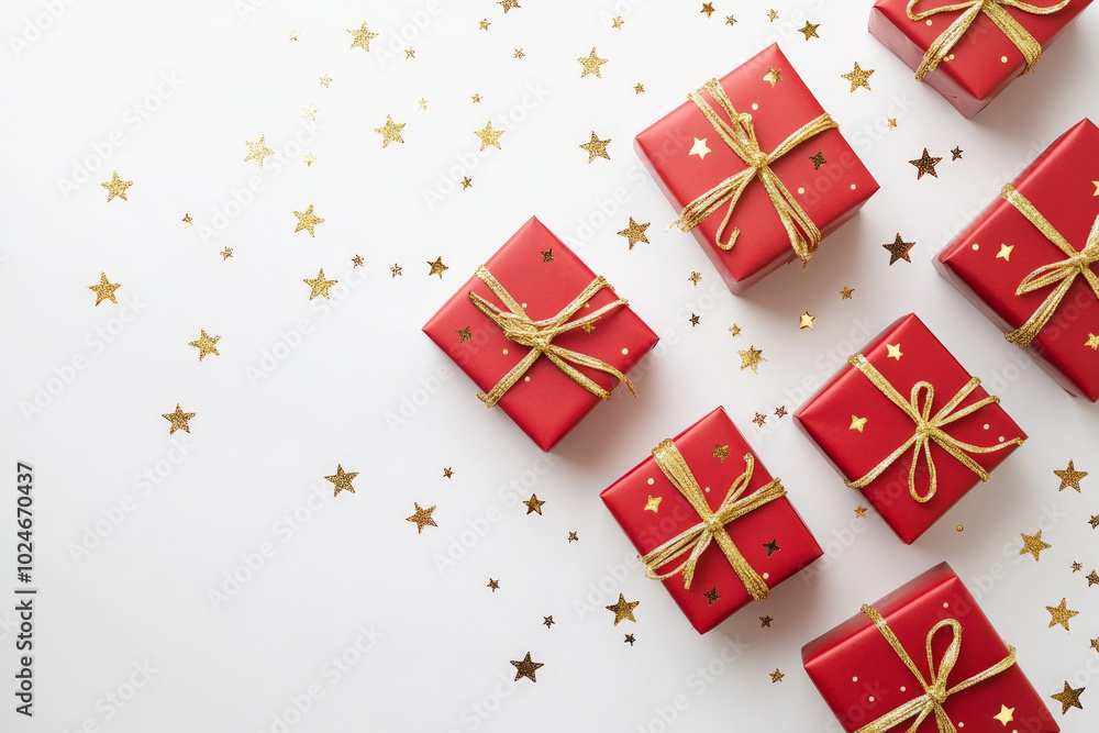 Ten red gift boxes, each tied with a bright gold ribbon, sit against a stark white background. Golden stars are scattered around them, adding a touch of holiday magic and sparkle to the elegant Ten red gift boxes, each tied with a bright gold ribbon, sit against a stark white background. Golden stars are scattered around them, adding a touch of holiday magic and sparkle to the elegant