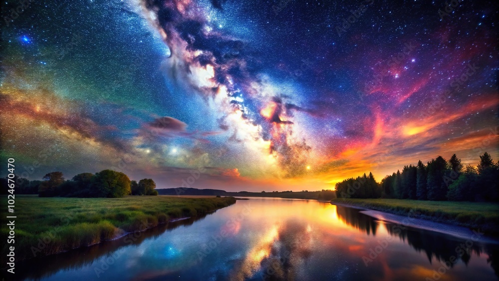 starry night sky with leading lines and colorful nebula and river starry night sky with leading lines and colorful nebula and river