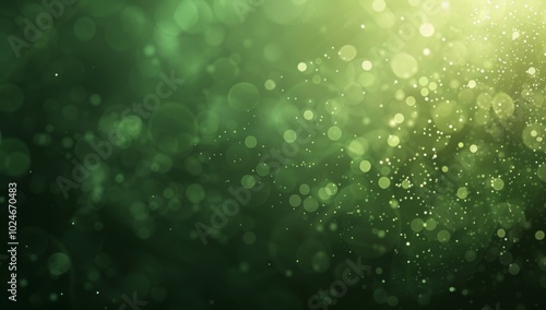 Abstract green bokeh background with particles and dust, green blurred sparkles, sparks, spots and effect and dust