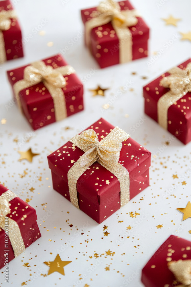 Obraz premium Red gift boxes with golden ribbons are neatly arranged on a white surface. Scattered around the scene are shimmering gold stars, creating a minimalist yet festive setting that evokes feelings of joy