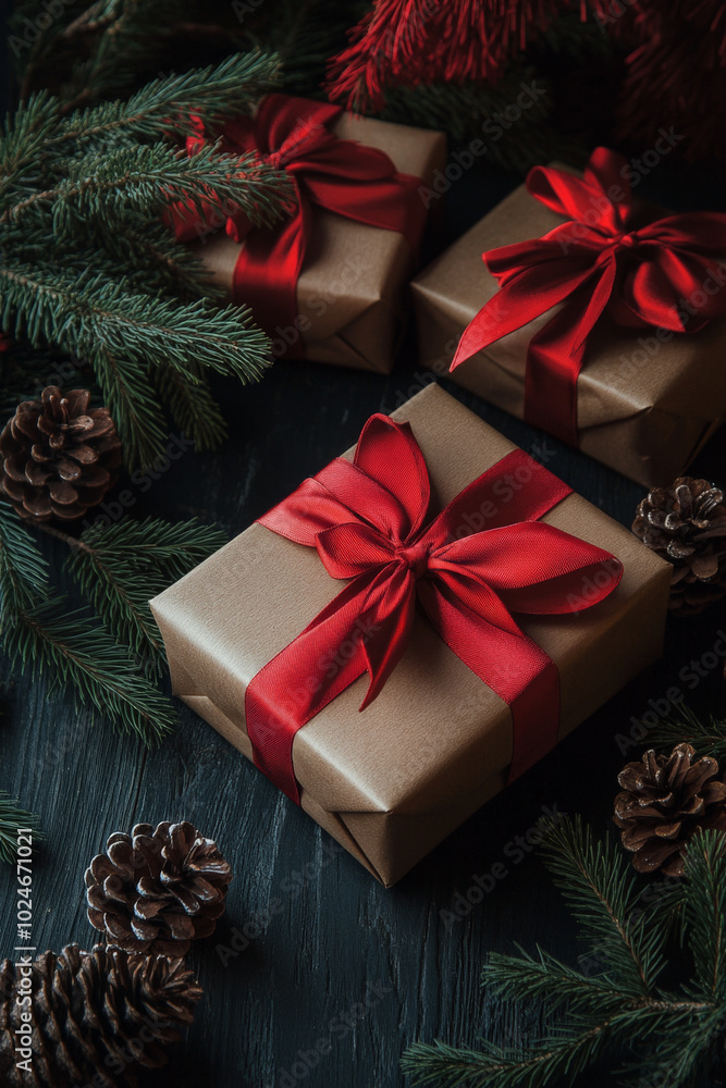 Presents tied with red ribbons, nestled among fir branches and pine cones, are spread across a dark wooden background. The scene feels cozy and rustic, with the natural wood grain adding warmth to the Presents tied with red ribbons, nestled among fir branches and pine cones, are spread across a dark wooden background. The scene feels cozy and rustic, with the natural wood grain adding warmth to the