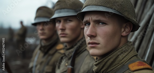 Three soldiers wearing military uniform and helmets looking serious while standing in line during wartime.