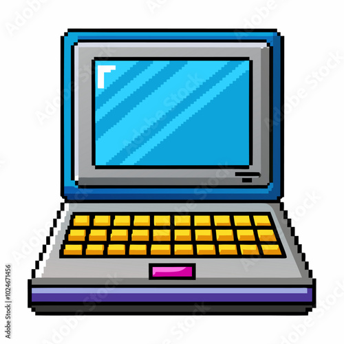 Retro Pixel Art Laptop Computer with Blue Screen and Yellow Keyboard
