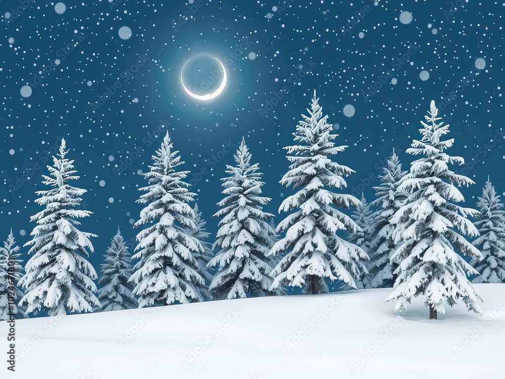 a snowy scene with a moon and trees in the background. a snowy scene with a moon and trees in the background.