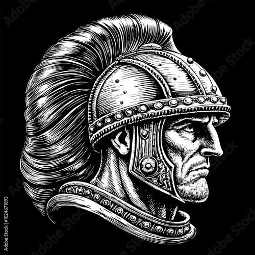 Detailed Roman Warrior in Profile Vintage Armor Helmet Line Art Illustration