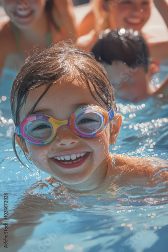 An exuberant little girl of Japanese descent, adorned with vibrant goggles, swims joyfully while looking at her parents cheering her on from the poolside. The sunlight reflects on the water, making