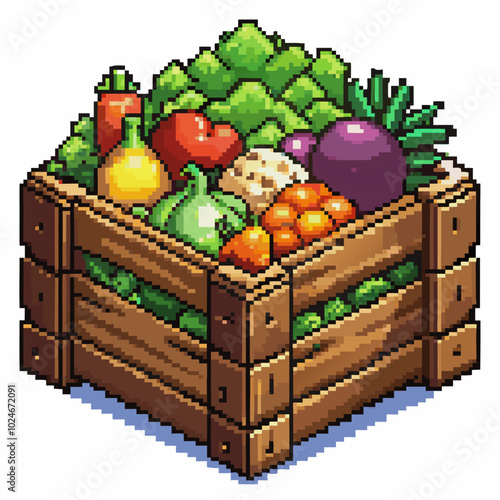 Pixel Art Crate Filled with Vibrant Vegetables and Fruits in Isometric Design