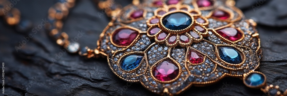 Naklejka premium Intricate Gemstone Pendant, showcasing exquisite craftsmanship and detailed design, vibrant colors of gemstones, elegant artistry in metalwork