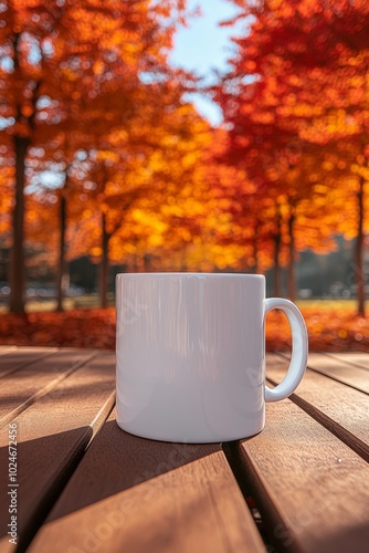 Steaming White Coffee Mug on Wooden Table with Blurry Red Autumn Foliage Background, Copy Space