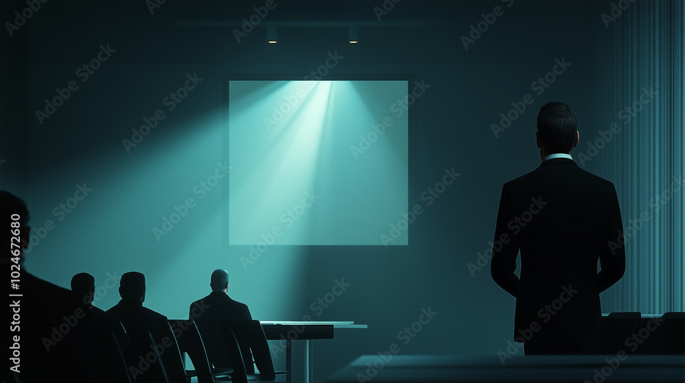A man in a suit stands in front of a large monitor displaying financial data. Concept of focus and concentration as the man looks at the screen A man in a suit stands in front of a large monitor displaying financial data. Concept of focus and concentration as the man looks at the screen