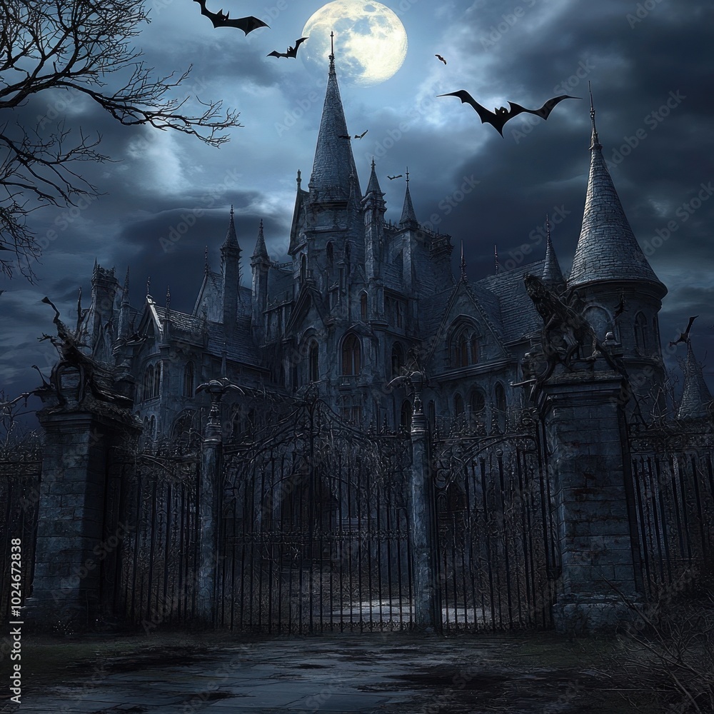 gothic mansion with sharp spires in eerie landscape gothic mansion with sharp spires in eerie landscape