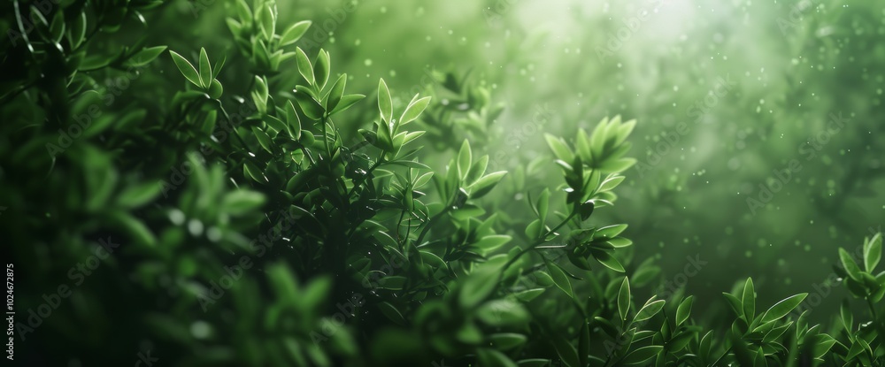 Green background, flat leaf with blurred nature background banner, copy space for text, and natural, sun rays and green leaves. Woodland abstract atmospheric scene Green background, flat leaf with blurred nature background banner, copy space for text, and natural, sun rays and green leaves. Woodland abstract atmospheric scene