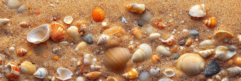 Golden beach sand with tiny shells and pebbles, intricate textures, sunlit grains, serene coastal atmosphere Golden beach sand with tiny shells and pebbles, intricate textures, sunlit grains, serene coastal atmosphere