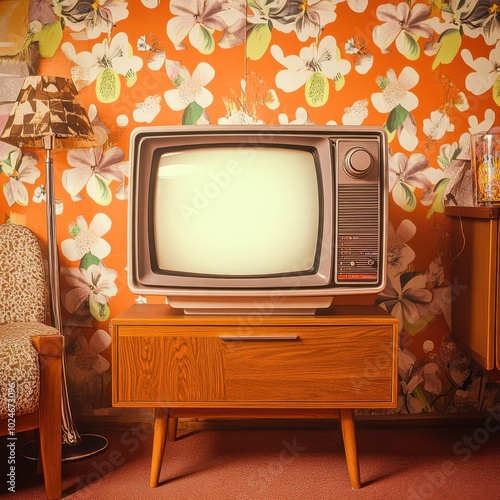 retro vintage 1970s television in living room