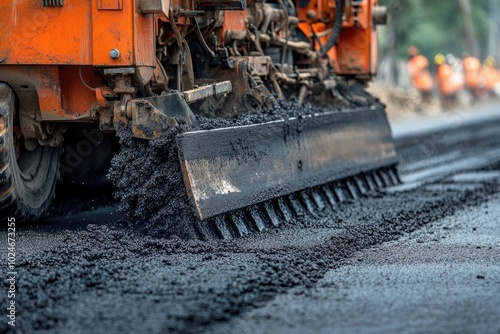 Asphalt paving machine lays new road. The image shows the machine laying fresh asphalt for construction, ideal for depicting the process of road construction or infrastructure projects.