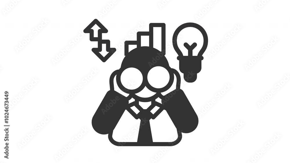 Animated vision with man holds magnifying glass and light bulb above head. Suitable for financial concepts, money management, investment, analysis, investigation concepts in business and research Animated vision with man holds magnifying glass and light bulb above head. Suitable for financial concepts, money management, investment, analysis, investigation concepts in business and research