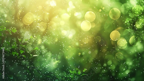 Green background, flat leaf with blurred nature background banner, copy space for text, and natural, sun rays and green leaves. Woodland abstract atmospheric scene