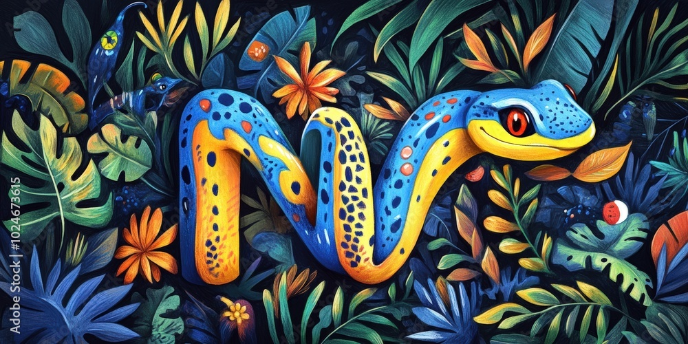 A snake shaped letter N in a jungle. A snake shaped letter N in a jungle.