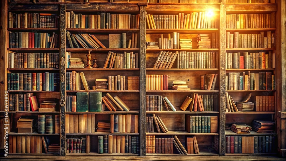 A Wooden Bookcase Filled With Volumes of Literature, Reflecting the Sunlight Streaming Through a Window A Wooden Bookcase Filled With Volumes of Literature, Reflecting the Sunlight Streaming Through a Window