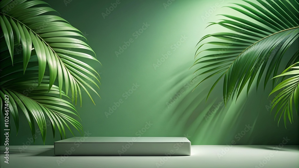 A Minimalist Display Featuring a Green Platform Flanked by Lush Palm Fronds, Creating a Serene and Balanced Composition A Minimalist Display Featuring a Green Platform Flanked by Lush Palm Fronds, Creating a Serene and Balanced Composition