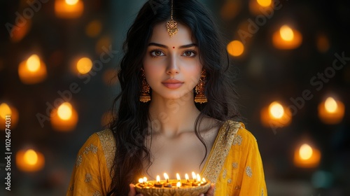 Portrait of a young Indian woman in a yellow anarkali with golden detailing, holding a single big thali with diyas, indoor Diwali backdrop with glowing lanterns and floral garlands on the walls photo