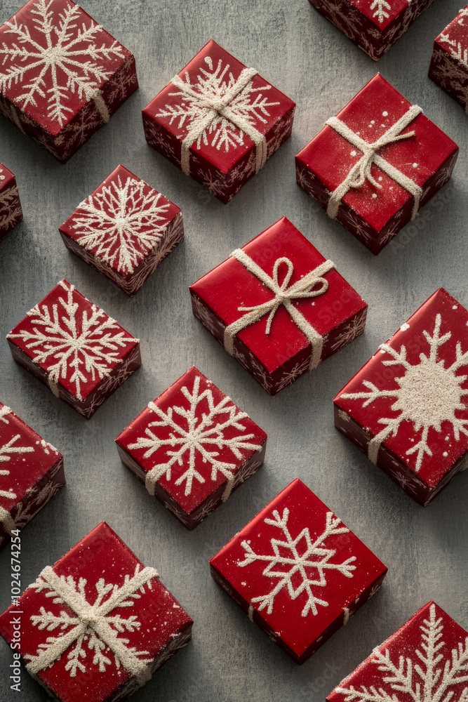 A series of red gift boxes with snowflakes is neatly arranged on a soft gray background. The neutral tone allows the bright red of the boxes to stand out while maintaining a subtle, elegant holiday A series of red gift boxes with snowflakes is neatly arranged on a soft gray background. The neutral tone allows the bright red of the boxes to stand out while maintaining a subtle, elegant holiday