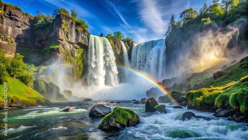 A Majestic Waterfall Cascades into a Pool of Turquoise Water, Bathed in the Glow of a Vibrant Rainbow, as Lush Vegetation Covers the Surrounding Landscape