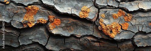 Intricate Tree Bark Texture, showcasing deep grooves and vibrant lichen, emphasizing the beauty of nature's details photo