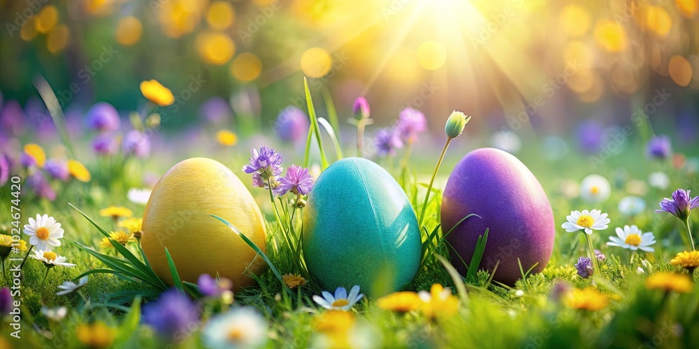 Three Easter eggs nestled in a field of vibrant wildflowers, bathed in the warm glow of the afternoon sun Three Easter eggs nestled in a field of vibrant wildflowers, bathed in the warm glow of the afternoon sun