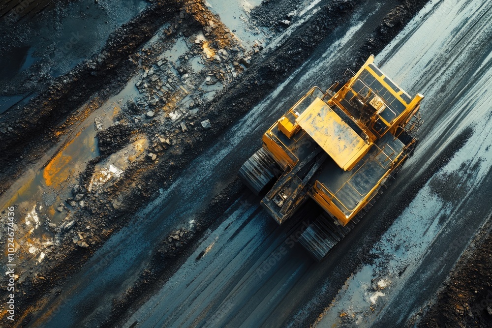 Aerial view of a yellow mining truck. The photo depicts the scale of mining operations and the equipment used in extracting resources. Aerial view of a yellow mining truck. The photo depicts the scale of mining operations and the equipment used in extracting resources.