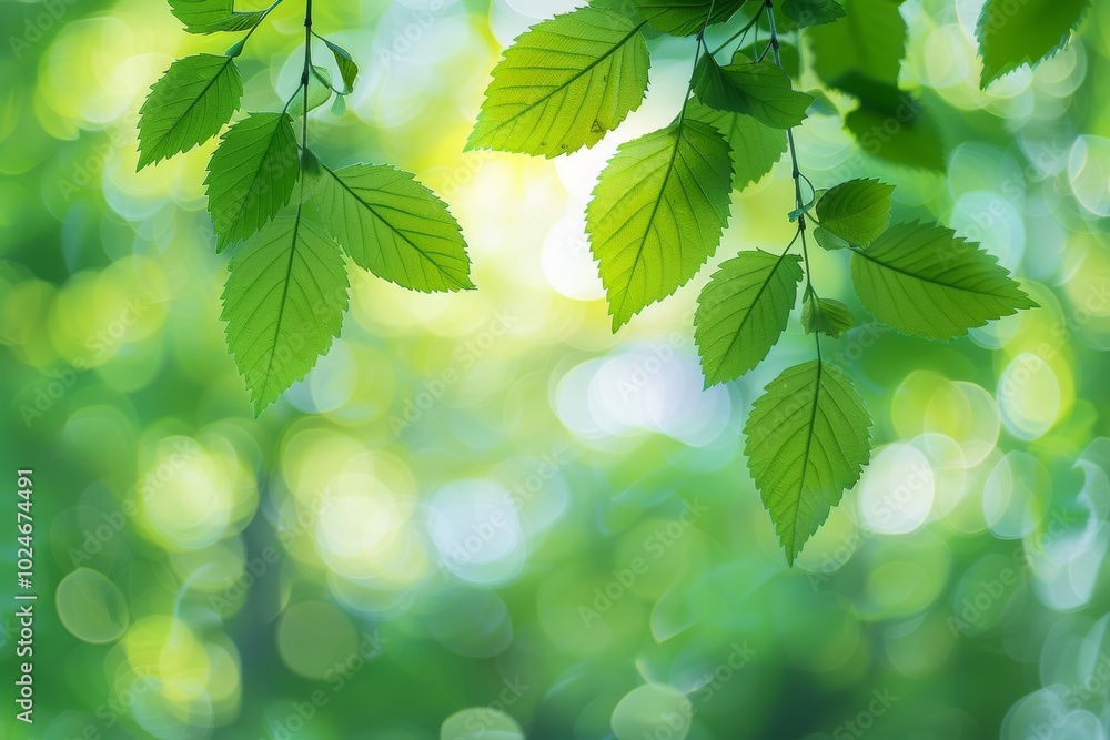 Green background, flat leaf with blurred nature background banner, copy space for text, and natural, sun rays and green leaves. Woodland abstract atmospheric scene Green background, flat leaf with blurred nature background banner, copy space for text, and natural, sun rays and green leaves. Woodland abstract atmospheric scene