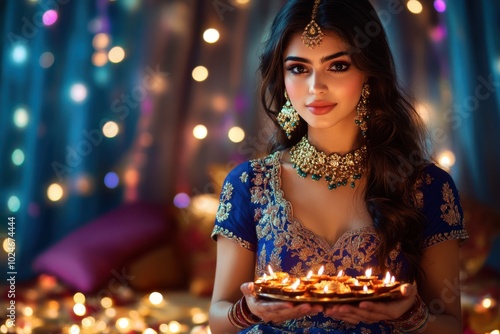 Portrait of an Indian woman wearing a blue lehenga with intricate embroidery and matching jewelry, holding a plate of diya lamps and sweets, with a festive Diwali backdrop featuring colorful lights